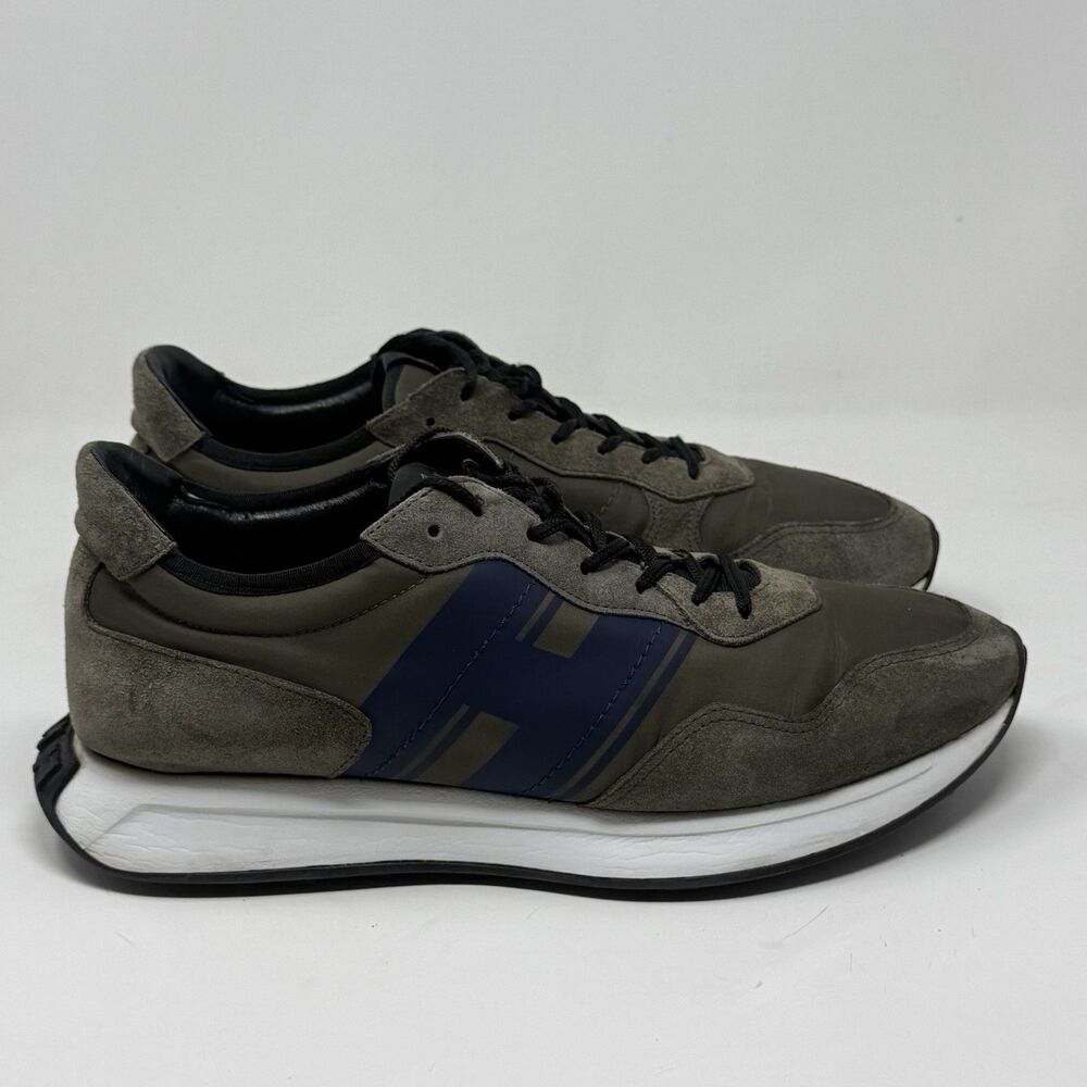 Hogan Hyperlight Logo Patch Sneaker Shoes Mens 10.5 Olive Green Blue Suede Nylon